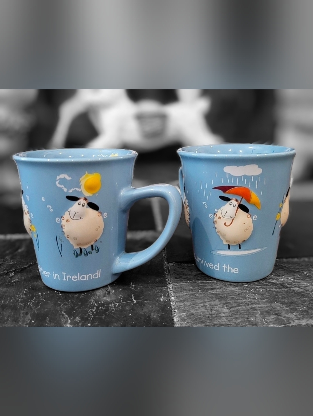 A PAIR! Vintage John Hinde I Survived The Weather In Ireland 3D Sheep Mugs.